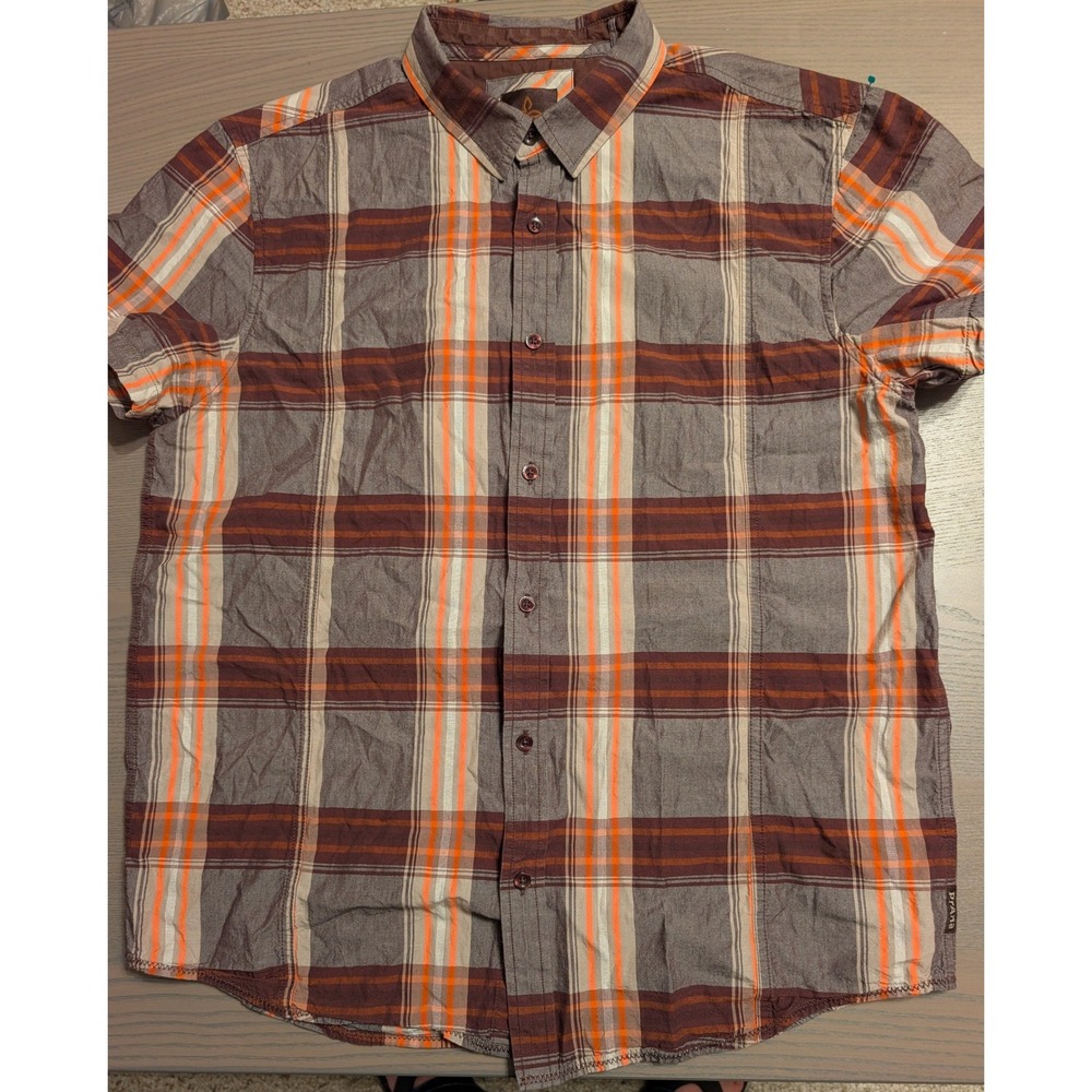 Prana Mens Large Short Sleeve Button Down Plaid Shirt Brown Orange Grey Hiking